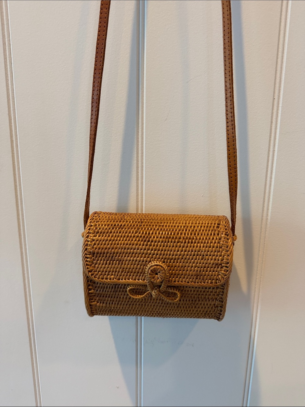 Handwoven Tan Crossbody Bag with Knotted Loop Closure